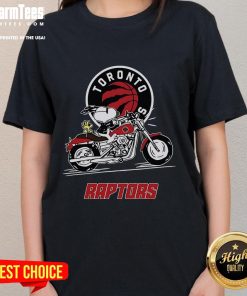 Awesome Snoopy and Woodstock driving motorbike on Toronto Raptors ladies tee, perfect for fans and fashion lovers.