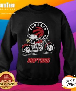 Awesome Snoopy and Woodstock driving a motorbike on a Toronto Raptors sweatshirt design.