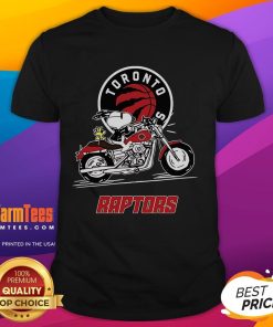 Awesome Snoopy and Woodstock driving a motorbike on a Toronto Raptors T-shirt design, perfect for fans and collectors.