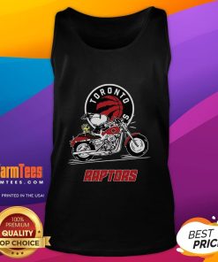 Alt Text: Snoopy and Woodstock riding a motorbike on a Toronto Raptors tank top, showcasing playful cartoon design.