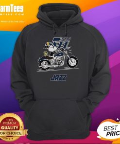 Awesome Snoopy and Woodstock driving a motorbike on a Utah Jazz hoodie, showcasing fun cartoon design and vibrant colors.