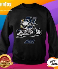Awesome Snoopy and Woodstock driving a motorbike on a Utah Jazz sweatshirt, perfect for fans and fashion lovers.