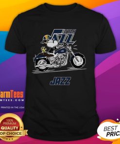 Alt Text: Awesome Snoopy and Woodstock driving a motorbike on a Utah Jazz T-shirt design, perfect for fans and collectors.