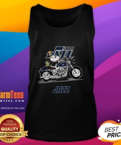 Alt Text: Awesome Snoopy and Woodstock driving a motorbike on a Utah Jazz tank top, featuring vibrant colors and cartoon design.