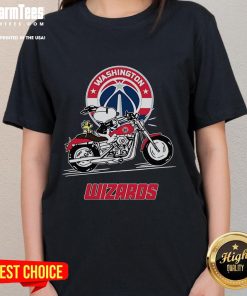 Alt Text: Snoopy and Woodstock riding a motorbike on a Washington Wizards ladies tee, perfect for fans of the team and the characters.