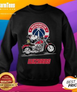 Awesome Snoopy and Woodstock driving a motorbike on a Washington Wizards sweatshirt design.