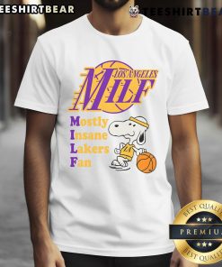 Awesome Snoopy La Milf Mostly Insane Lakers Fan T-Shirt featuring Snoopy in Lakers gear, perfect for passionate fans.