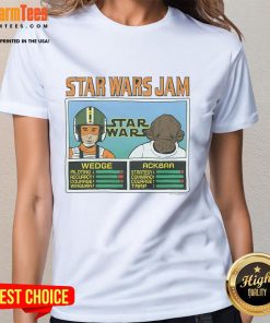 Awesome Star Wars Jam Wedge and Ackbar ladies tee featuring vibrant graphics of iconic characters on a stylish shirt.