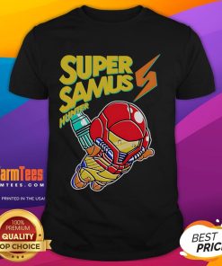 Awesome Super Samus Hunter Robot T-Shirt featuring vibrant graphics of Samus in action, perfect for gaming fans.