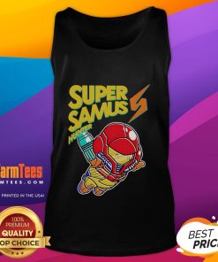 Awesome Super Samus Hunter Robot Tank Top design featuring vibrant colors and a dynamic sci-fi aesthetic.