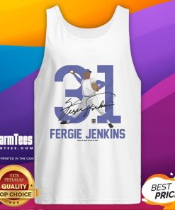 Alt Text: Awesome Team Brown Fergie Jenkins Baseball Hall of Fame member signature tank top showcasing baseball memorabilia.