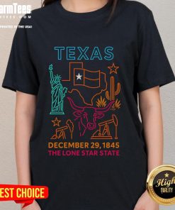 Awesome Texas December 29, 1845 neon design on ladies tee, celebrating the Lone Star State's rich history and vibrant culture.