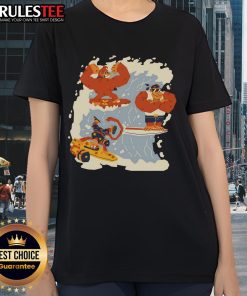 Alt Text: Awesome Golden Wave tee featuring Donkey Kong, Diddy Kong, and Funky Kong for ladies - vibrant video game fashion.