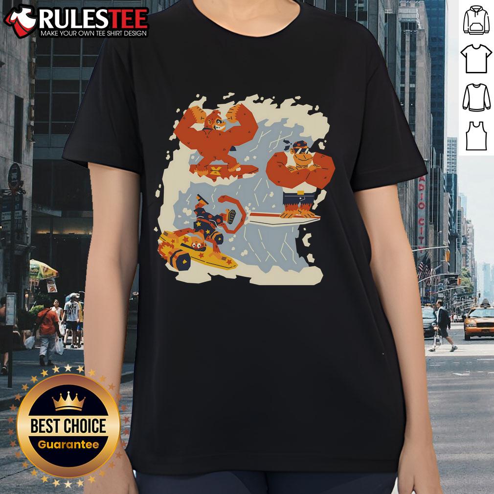 Awesome The Golden Wave Donkey Kong Diddy Kong Funky Kong Ladies Tee Alt Text: Awesome Golden Wave tee featuring Donkey Kong, Diddy Kong, and Funky Kong for ladies - vibrant video game fashion.