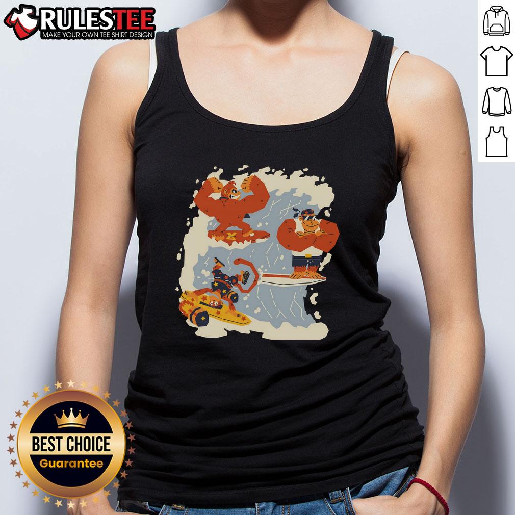 Awesome The Golden Wave Donkey Kong Diddy Kong Funky Kong Tank Top Awesome Golden Wave tank top featuring Donkey Kong, Diddy Kong, and Funky Kong in vibrant graphics for gamers.