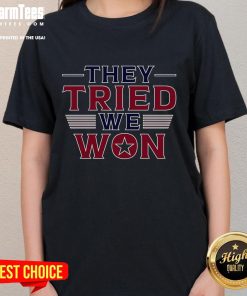 Alt Text: Awesome They Tried We Won Trump Vance Ladies Tee showcasing bold design and vibrant colors for proud supporters.