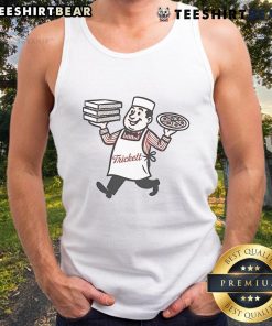 Awesome Trickett England pizza tank top featuring a vibrant graphic design, perfect for casual summer wear.