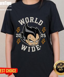 Awesome World Wide Vegeta 2025 ladies tee featuring vibrant colors and a stylish design for Dragon Ball fans.