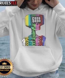 Awesome Zeds Dead test pattern skeleton rainbow hoodie displayed on a mannequin, showcasing vibrant colors and unique design.