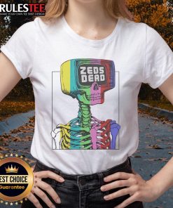 Awesome Zeds Dead test pattern skeleton rainbow ladies tee featuring vibrant colors and unique graphic design.