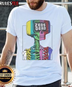 Awesome Zeds Dead test pattern skeleton rainbow t-shirt featuring vibrant colors and unique graphic design.