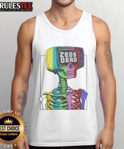 Alt Text: Colorful Zeds Dead test pattern skeleton tank top featuring a vibrant rainbow design, perfect for music festival wear.