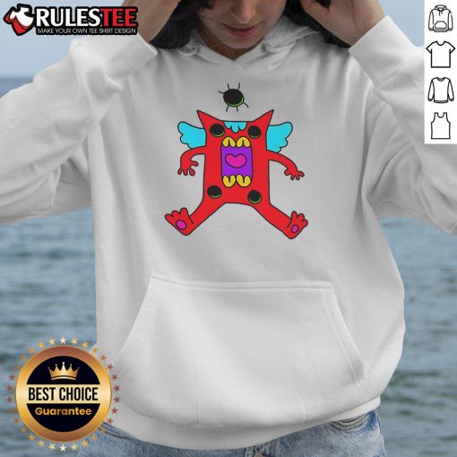 Alt Text: Cute colorful cartoon monster with wings wearing a red hoodie, perfect for kids' apparel and playful designs.