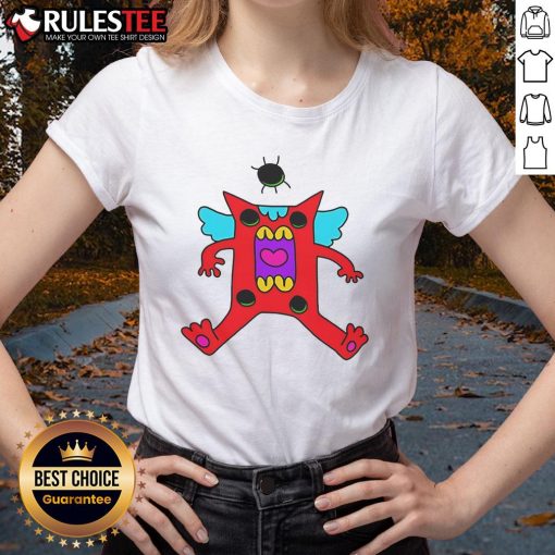 Cute colorful cartoon monster with wings on a red background, perfect for ladies' tee designs.
