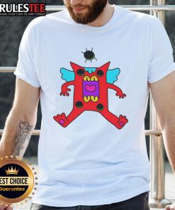 Cute colorful cartoon monster with wings on a red creature T-shirt, perfect for kids who love fun designs.