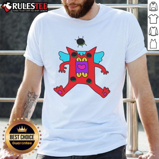 Cute colorful cartoon monster with wings on a red creature T-shirt, perfect for kids who love fun designs.