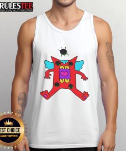 Alt Text: Cute colorful cartoon monster with wings, red creature wearing a tank top, perfect for kids' art or playful designs.