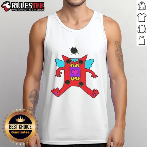 Alt Text: Cute colorful cartoon monster with wings, red creature wearing a tank top, perfect for kids' art or playful designs.