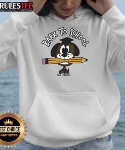 Adorable dog wearing a 'Bark to School' hoodie, perfect for back-to-school season and pet lovers.
