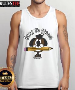 Adorable dog wearing a cute 'Bark to School' tank top, perfect for pet lovers and back-to-school season.