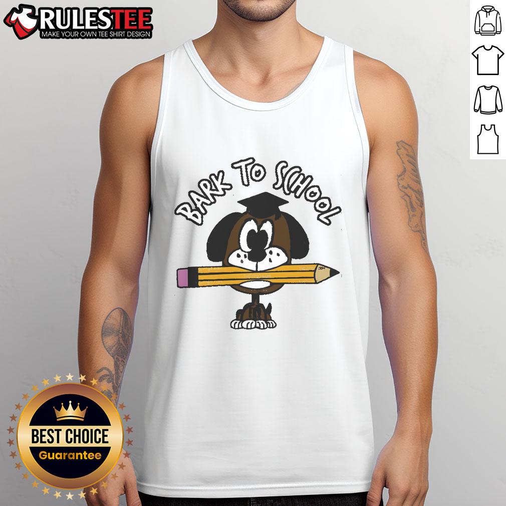 Cute Bark To School Dog Student Tank Top Adorable dog wearing a cute 'Bark to School' tank top, perfect for pet lovers and back-to-school season.