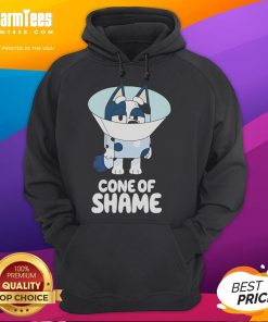 Cute Bluey cone of shame cartoon hoodie featuring vibrant colors and playful design, perfect for fans of Bluey.