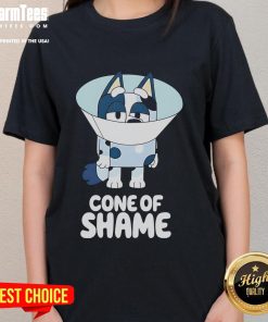 Alt Text: Cute Bluey Cone of Shame cartoon ladies tee featuring vibrant colors and playful design, perfect for fans of Bluey.