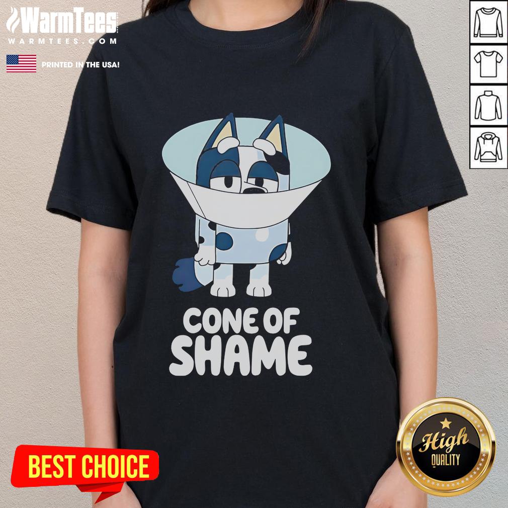 Cute Bluey Cone Of Shame Cartoon Ladies Tee Alt Text: Cute Bluey Cone of Shame cartoon ladies tee featuring vibrant colors and playful design, perfect for fans of Bluey.