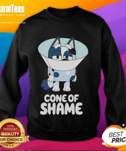 Alt Text: Cute Bluey Cone of Shame cartoon sweatshirt featuring vibrant colors and playful design for cozy comfort.