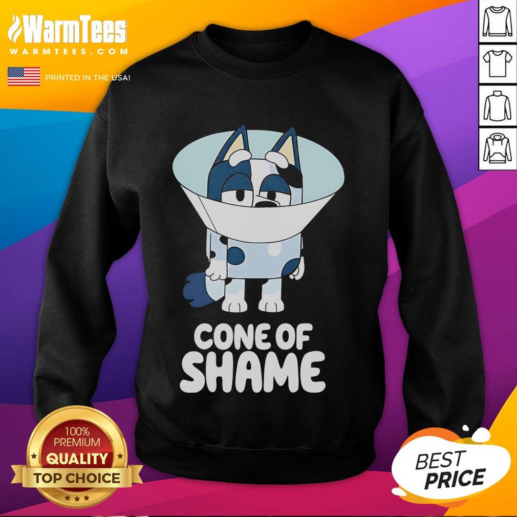 Cute Bluey Cone Of Shame Cartoon Sweatshirt Alt Text: Cute Bluey Cone of Shame cartoon sweatshirt featuring vibrant colors and playful design for cozy comfort.