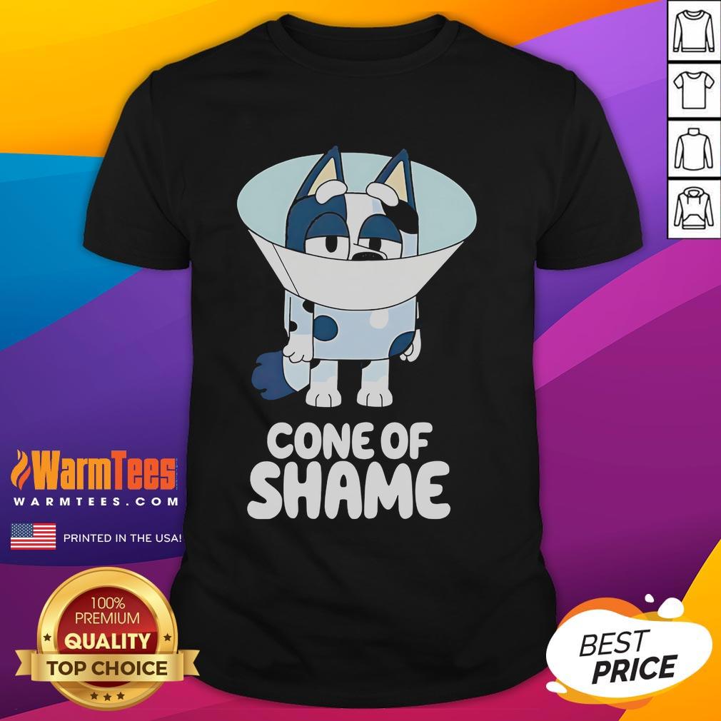 Cute Bluey Cone Of Shame Cartoon T Shirt Alt Text: Cute Bluey Cone Of Shame cartoon T-shirt featuring Bluey in a playful design, perfect for fans of the show.