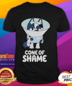 Alt Text: Cute Bluey Cone Of Shame cartoon T-shirt featuring Bluey in a playful design, perfect for fans of the show.