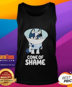 Alt Text: Adorable Cute Bluey Cone of Shame cartoon tank top featuring Bluey and friends, perfect for fans of the show.
