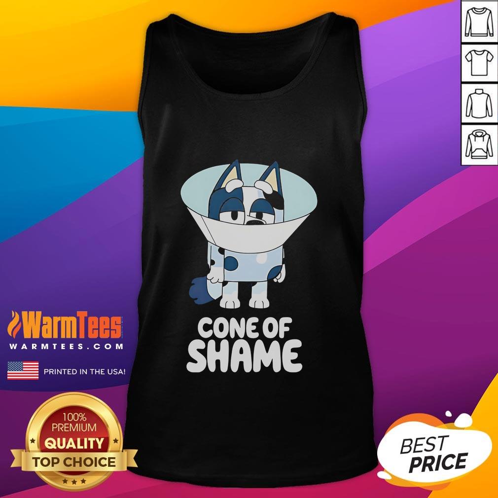 Cute Bluey Cone Of Shame Cartoon Tank Top Alt Text: Adorable Cute Bluey Cone of Shame cartoon tank top featuring Bluey and friends, perfect for fans of the show.