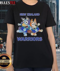 Alt Text: Cute Bluey X New Zealand Warriors ladies tee featuring vibrant colors and fun design, perfect for fans and casual wear.