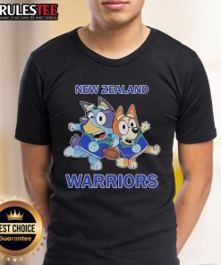 Alt Text: Cute Bluey X New Zealand Warriors T-Shirt featuring vibrant colors and playful designs for young fans.