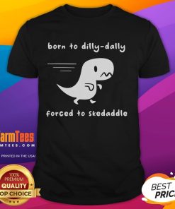 Alt Text: Cute Born To Dilly-Dally Forced To Skedaddle Dino Run T-Shirt featuring a playful dinosaur design in vibrant colors.