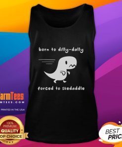 Alt Text: Adorable 'Born to Dilly Dally, Forced to Skedaddle' Dino Run tank top, perfect for playful summer outfits.