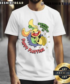 Alt Text: Cute Bunzo Bunny wearing a Poppy Playtime T-shirt, showcasing colorful design and playful character in a vibrant setting.