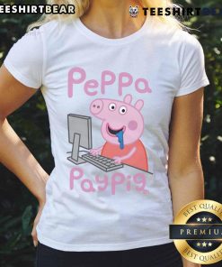 Cute cartoon pay pig design on a ladies tee, showcasing a playful pig illustration perfect for animal lovers.